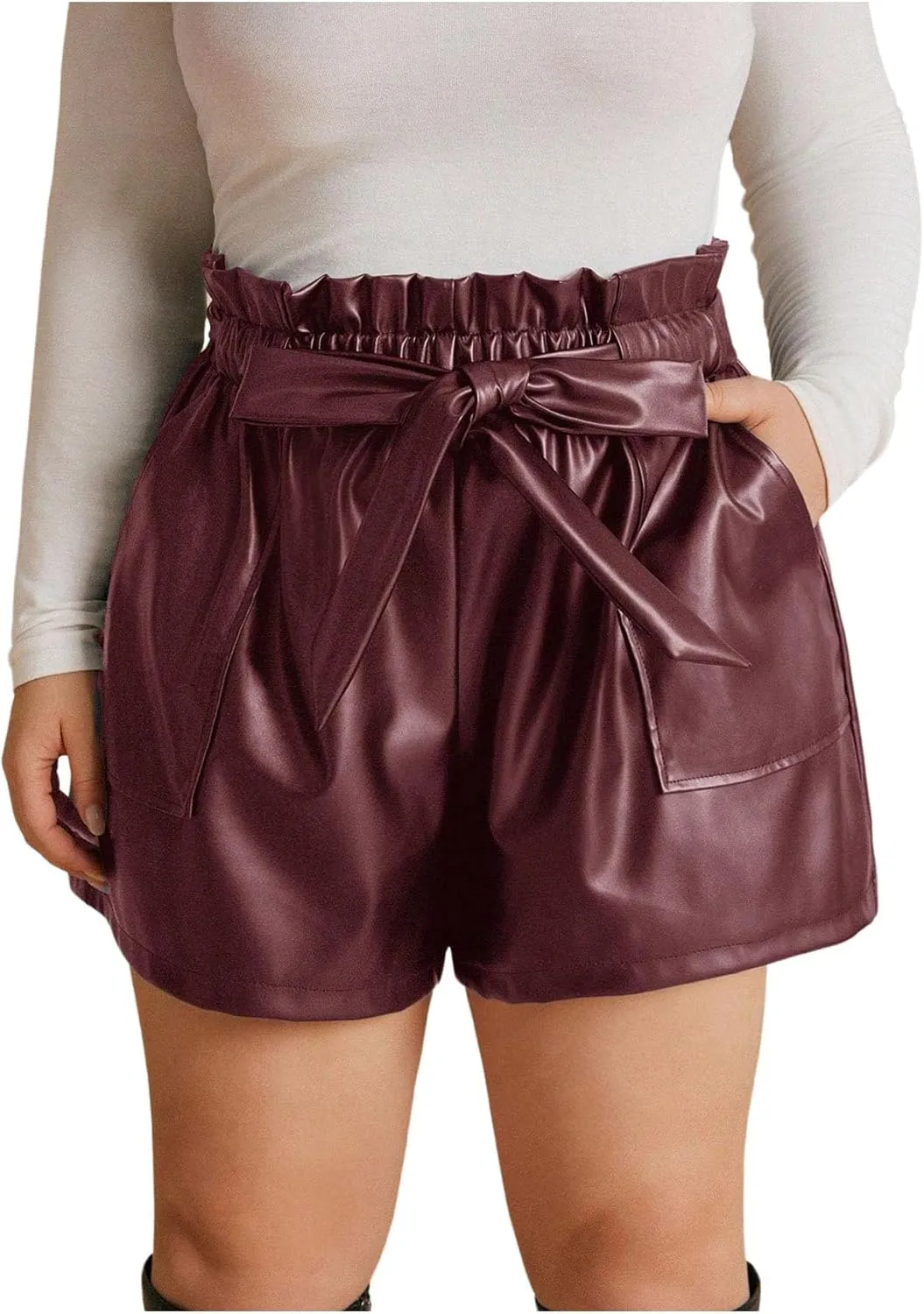 Women's Plus Size PU Leather Shorts Bow Tie Knot Elastic High Waisted Loose Shorts with Pockets