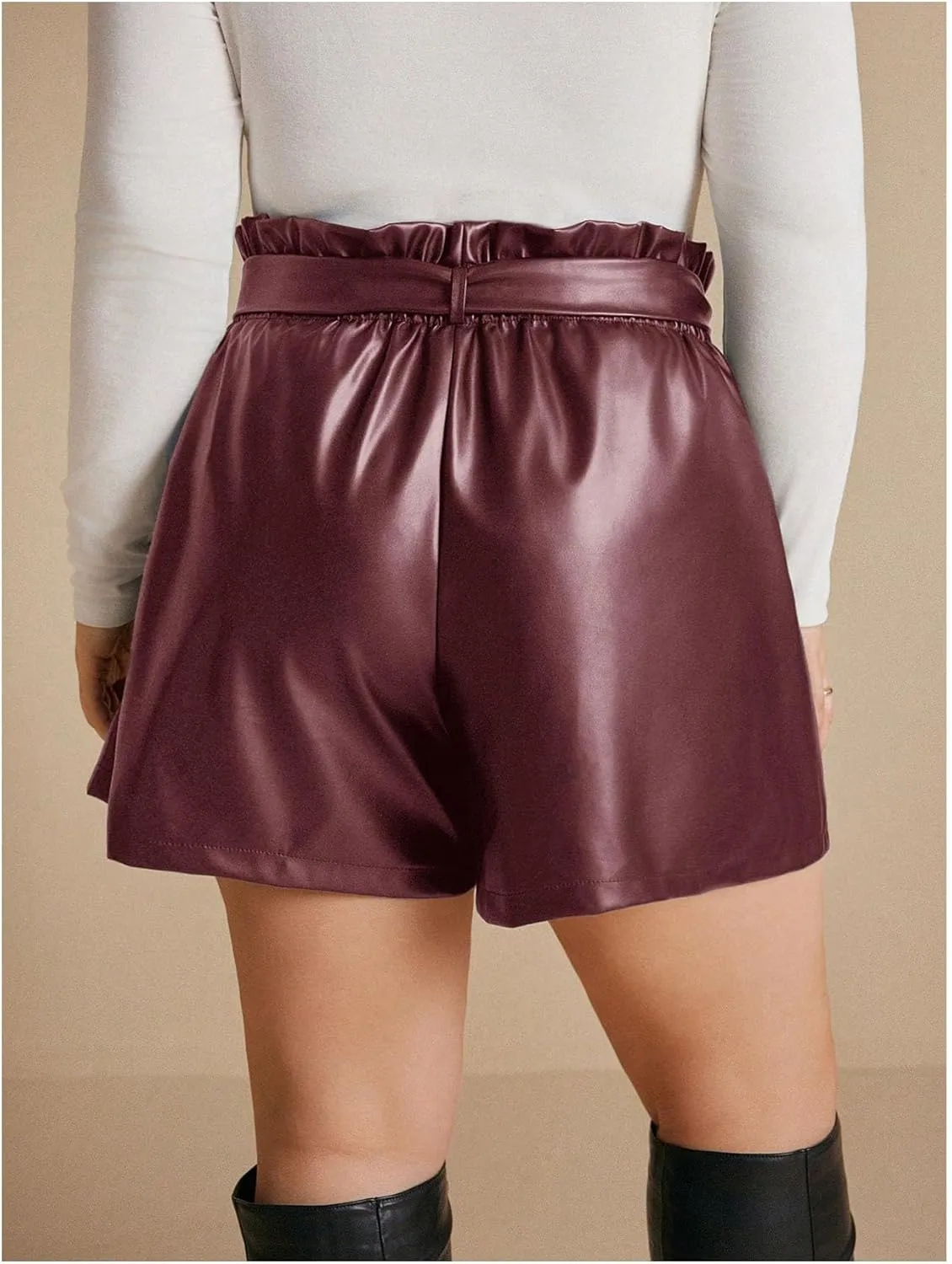 Women's Plus Size PU Leather Shorts Bow Tie Knot Elastic High Waisted Loose Shorts with Pockets