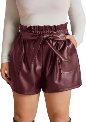 Women's Plus Size PU Leather Shorts Bow Tie Knot Elastic High Waisted Loose Shorts with Pockets