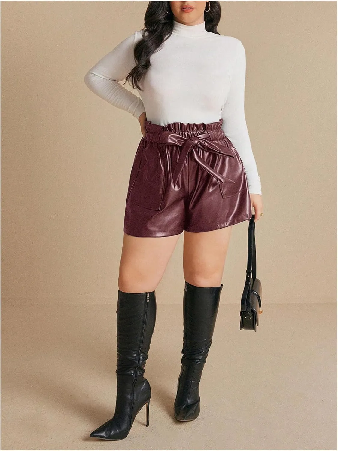 Women's Plus Size PU Leather Shorts Bow Tie Knot Elastic High Waisted Loose Shorts with Pockets
