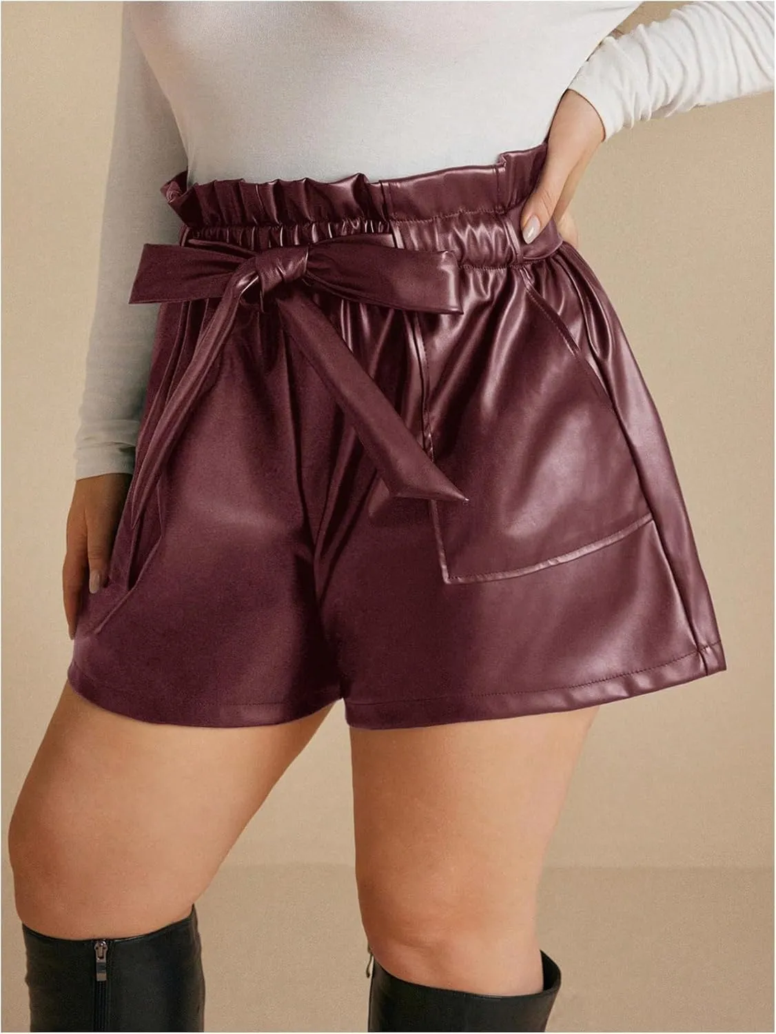 Women's Plus Size PU Leather Shorts Bow Tie Knot Elastic High Waisted Loose Shorts with Pockets