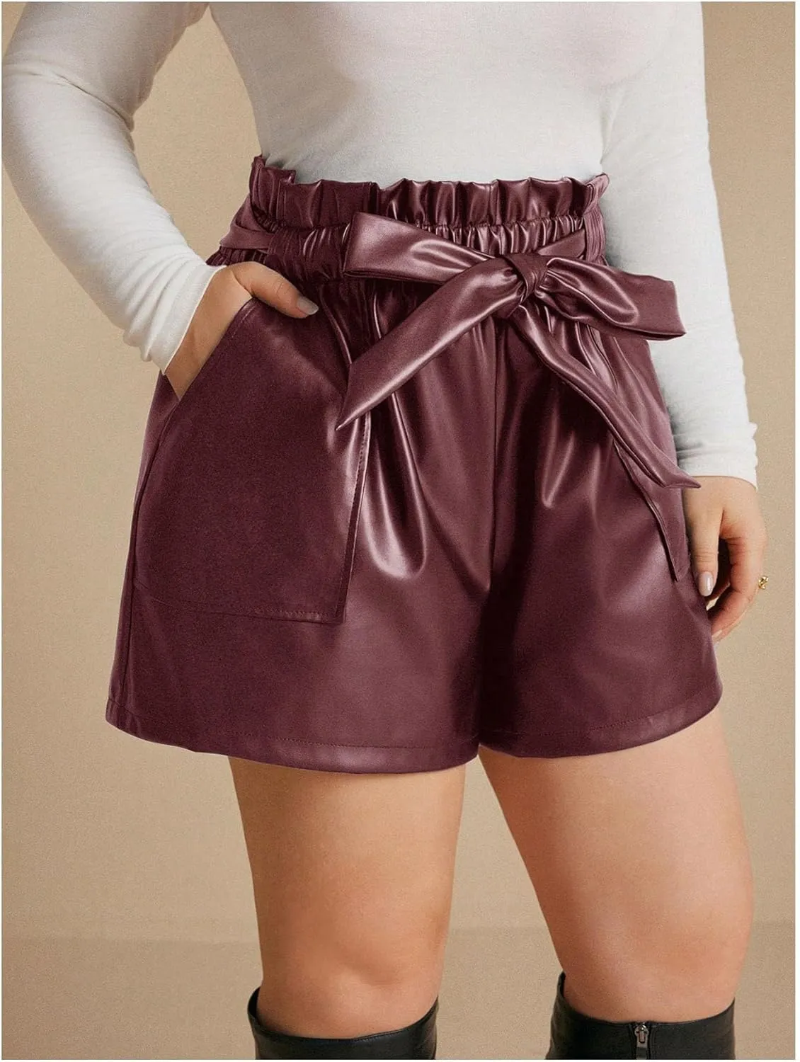 Women's Plus Size PU Leather Shorts Bow Tie Knot Elastic High Waisted Loose Shorts with Pockets