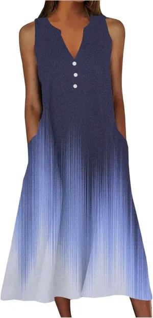 Women's Plus Size Summer Casual Dress Sleeveless Button Up V-Neck Maxi Dress Vintage Flowy Elegant Long Dresses