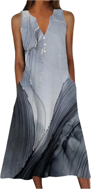 Women's Plus Size Summer Casual Dress Sleeveless Button Up V-Neck Maxi Dress Vintage Flowy Elegant Long Dresses