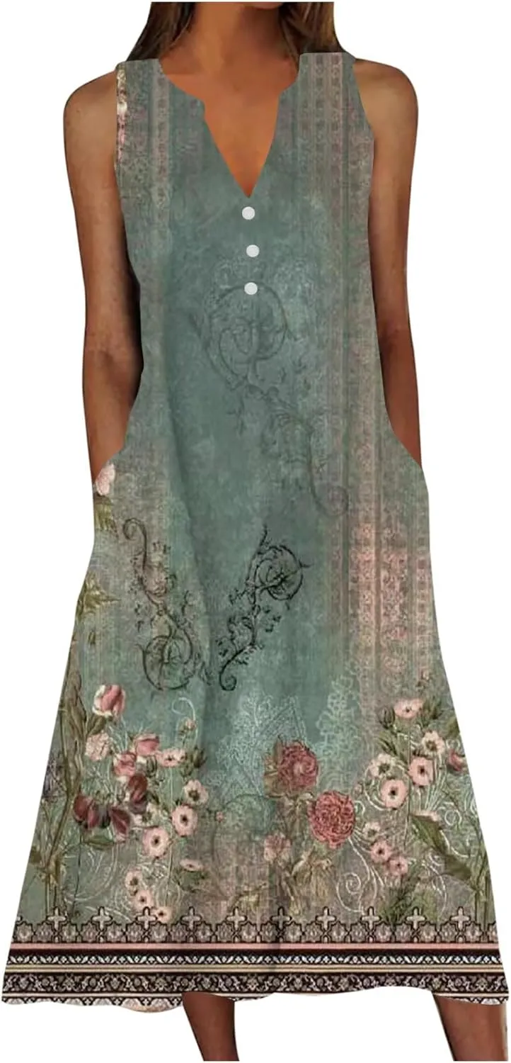 Women's Plus Size Summer Casual Dress Sleeveless Button Up V-Neck Maxi Dress Vintage Flowy Elegant Long Dresses
