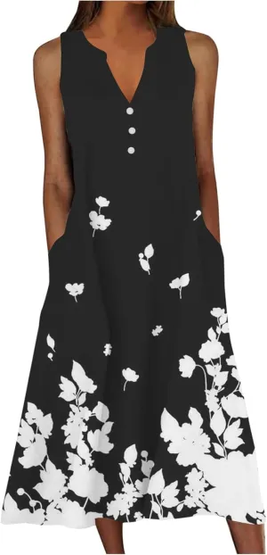 Women's Plus Size Summer Casual Dress Sleeveless Button Up V-Neck Maxi Dress Vintage Flowy Elegant Long Dresses