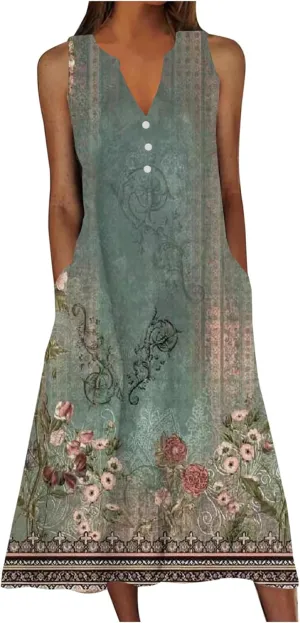 Women's Plus Size Summer Casual Dress Sleeveless Button Up V-Neck Maxi Dress Vintage Flowy Elegant Long Dresses