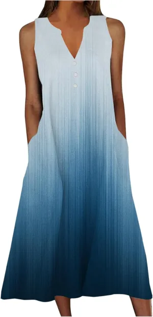 Women's Plus Size Summer Casual Dress Sleeveless Button Up V-Neck Maxi Dress Vintage Flowy Elegant Long Dresses