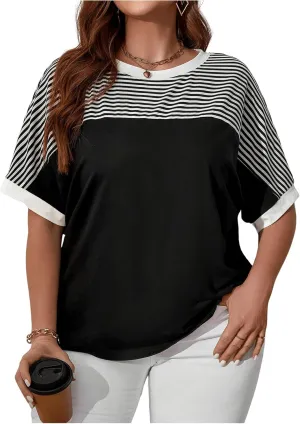 Women's Plus Size Tops Short Sleeve Striped Print T Shirt Loose Fit Round Neck Tee Top