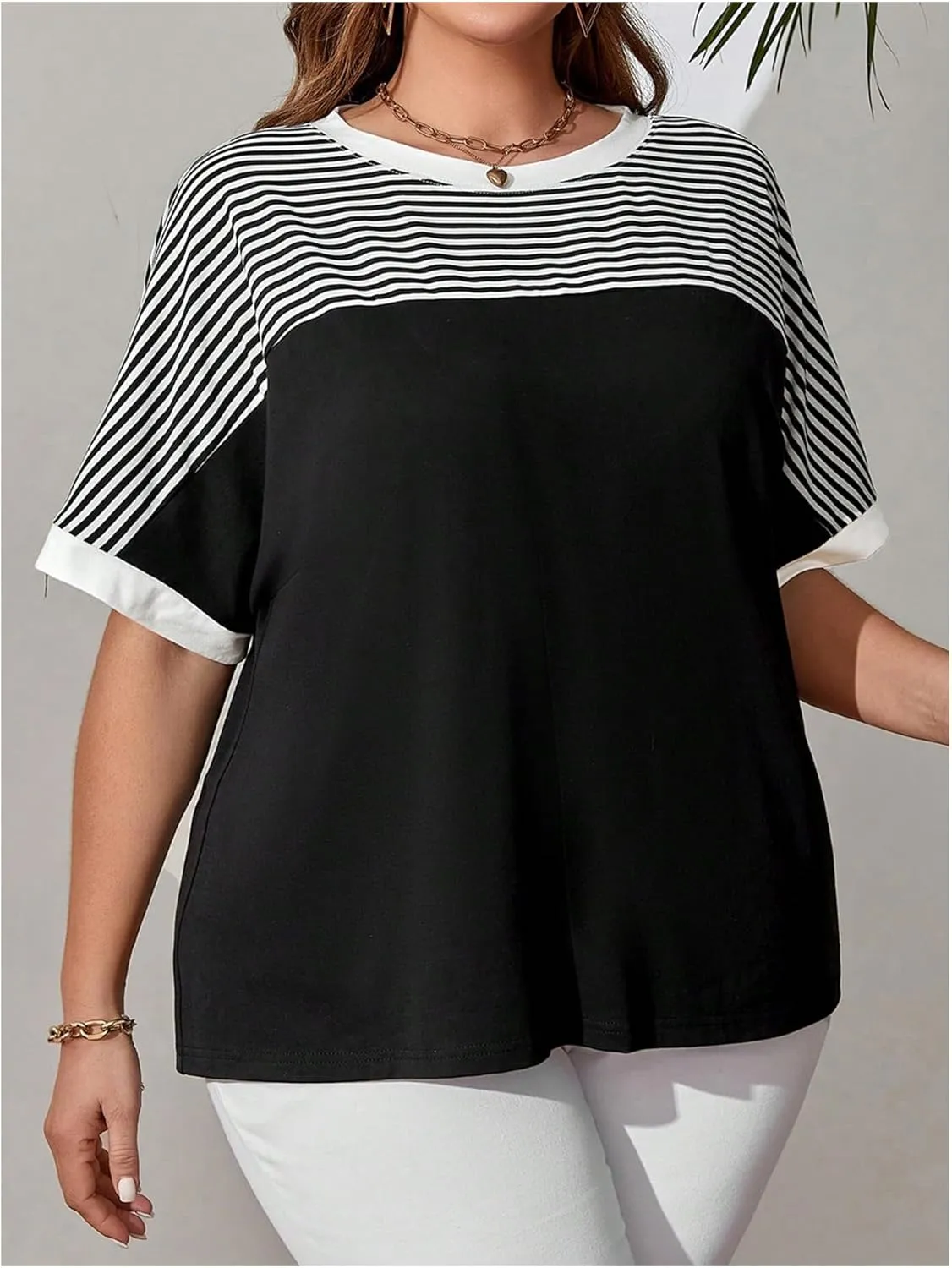 Women's Plus Size Tops Short Sleeve Striped Print T Shirt Loose Fit Round Neck Tee Top