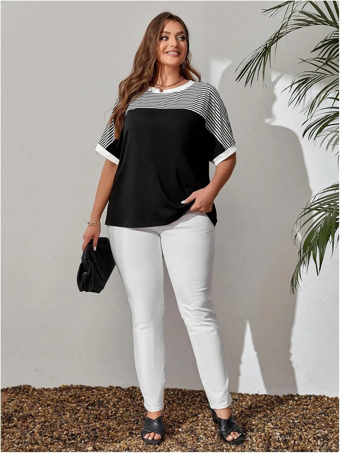 Women's Plus Size Tops Short Sleeve Striped Print T Shirt Loose Fit Round Neck Tee Top