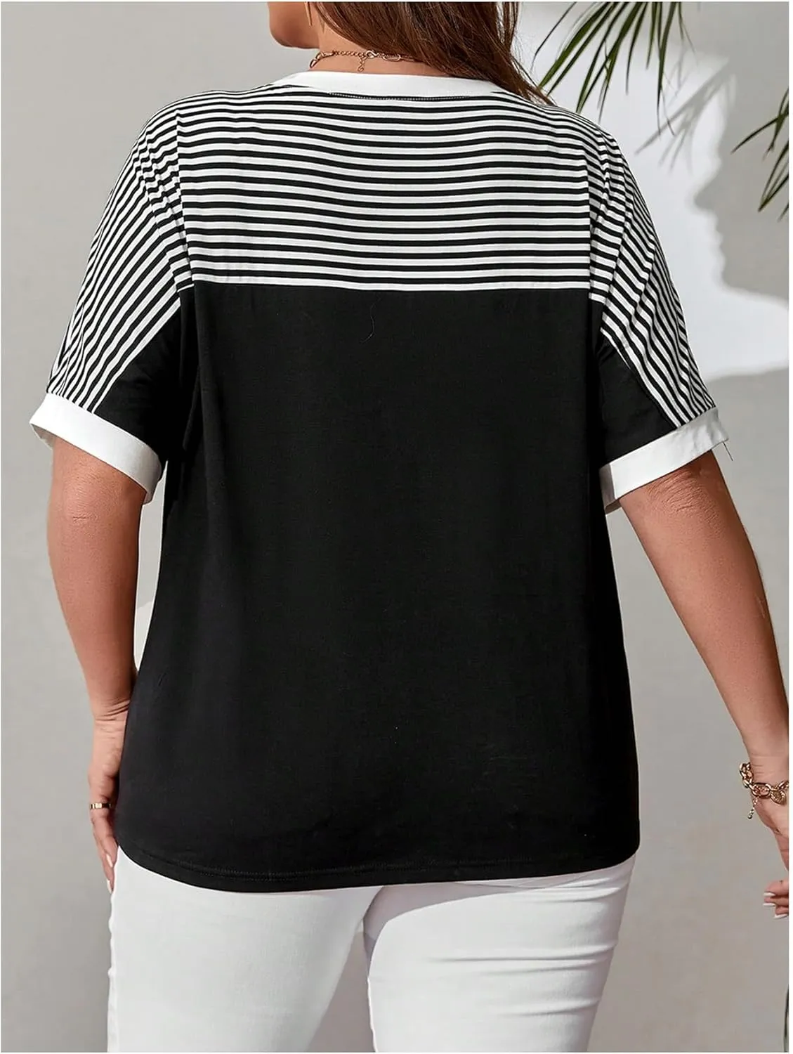 Women's Plus Size Tops Short Sleeve Striped Print T Shirt Loose Fit Round Neck Tee Top