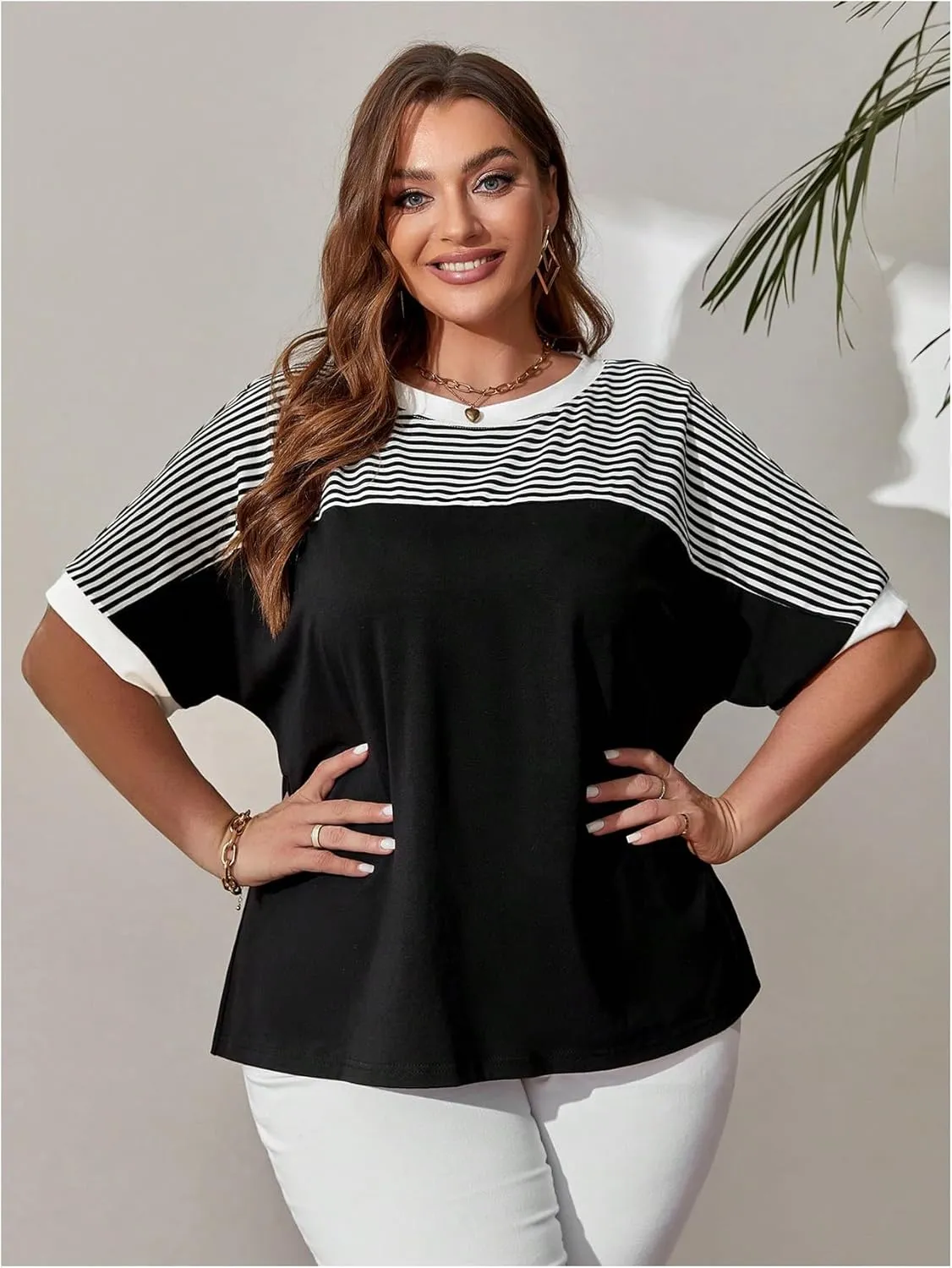 Women's Plus Size Tops Short Sleeve Striped Print T Shirt Loose Fit Round Neck Tee Top
