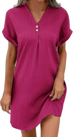 Womens Short Sleeve Casual Summer Dress V Neck Boho Beach Mini T Shirt Dress Dressy Work Button Down Swing Dresses