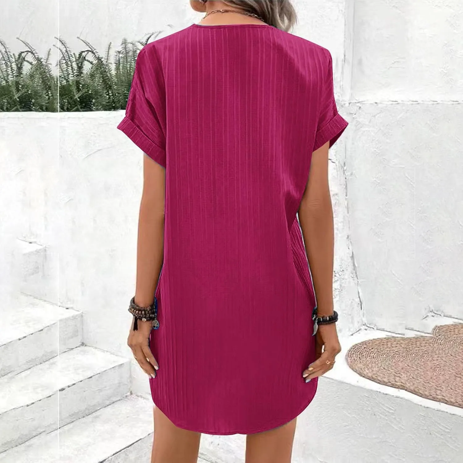 Womens Short Sleeve Casual Summer Dress V Neck Boho Beach Mini T Shirt Dress Dressy Work Button Down Swing Dresses