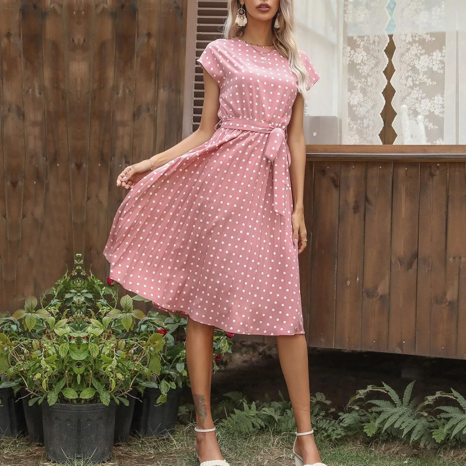 Womens Short Sleeve Midi Dresses Spring Casual Crew Neck Belted Pleated A Line Flowy Wedding Guest Party Dress