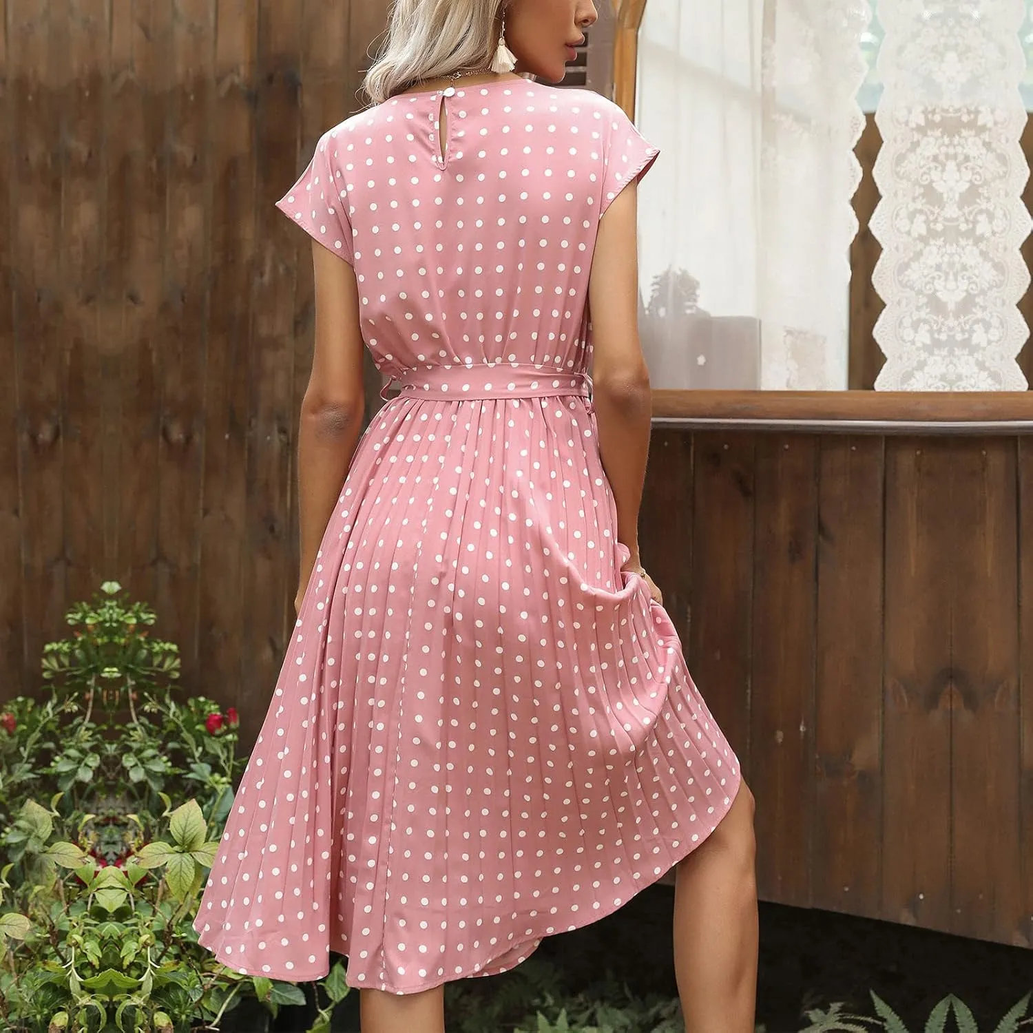 Womens Short Sleeve Midi Dresses Spring Casual Crew Neck Belted Pleated A Line Flowy Wedding Guest Party Dress