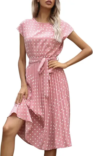 Womens Short Sleeve Midi Dresses Spring Casual Crew Neck Belted Pleated A Line Flowy Wedding Guest Party Dress