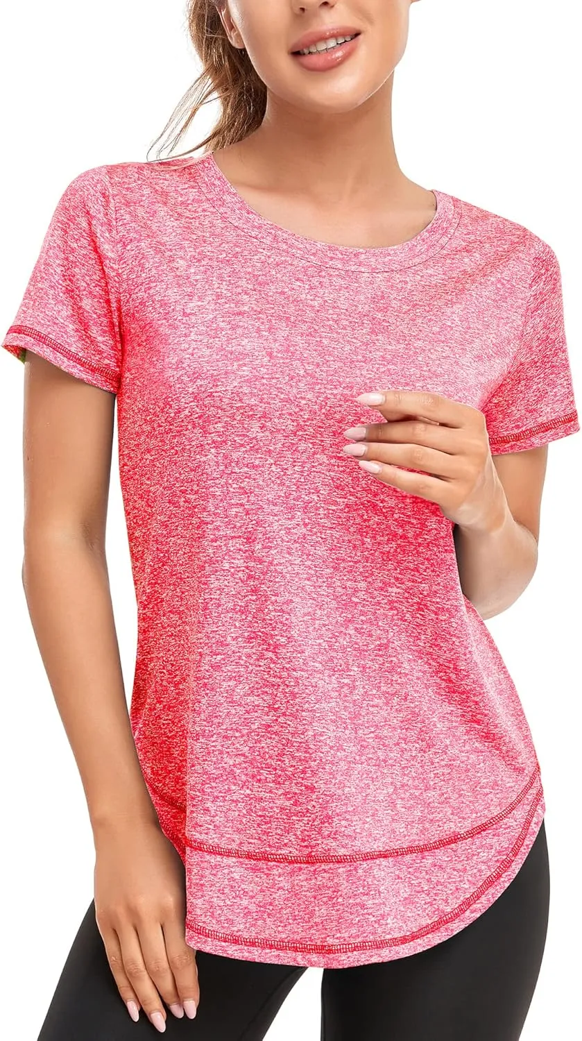 Women's Short Sleeve Workout Shirts Crewneck Sports Yoga Running Dry Fit Tops Side Split Tee