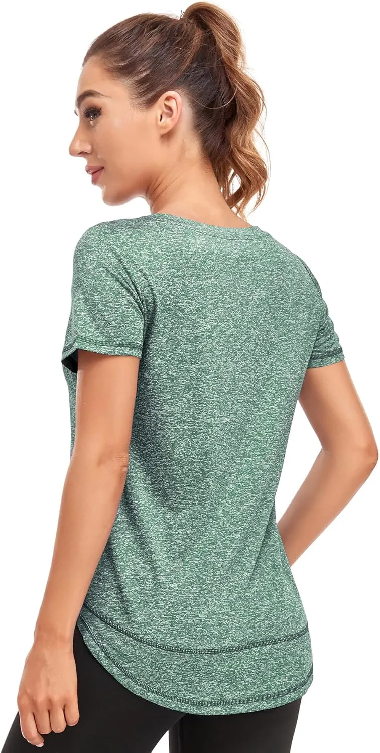 Women's Short Sleeve Workout Shirts Crewneck Sports Yoga Running Dry Fit Tops Side Split Tee