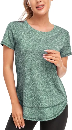 Women's Short Sleeve Workout Shirts Crewneck Sports Yoga Running Dry Fit Tops Side Split Tee