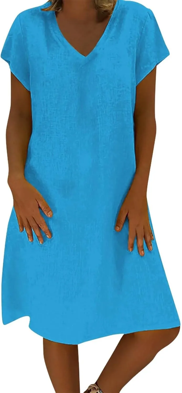 Womens Slim Dresses 2025 Ladies Summer Solid Cotton Linen Short Sleeve V-Neck Plus Size Mid-Calf Dress