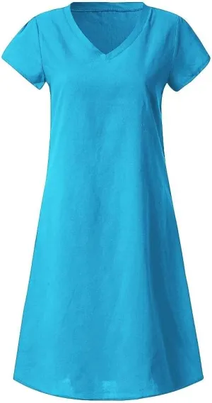 Womens Slim Dresses 2025 Ladies Summer Solid Cotton Linen Short Sleeve V-Neck Plus Size Mid-Calf Dress