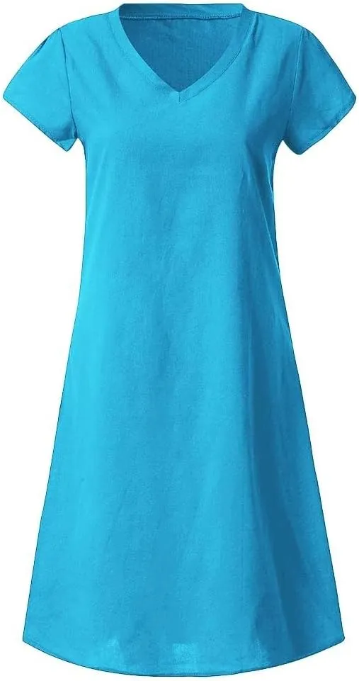 Womens Slim Dresses 2025 Ladies Summer Solid Cotton Linen Short Sleeve V-Neck Plus Size Mid-Calf Dress