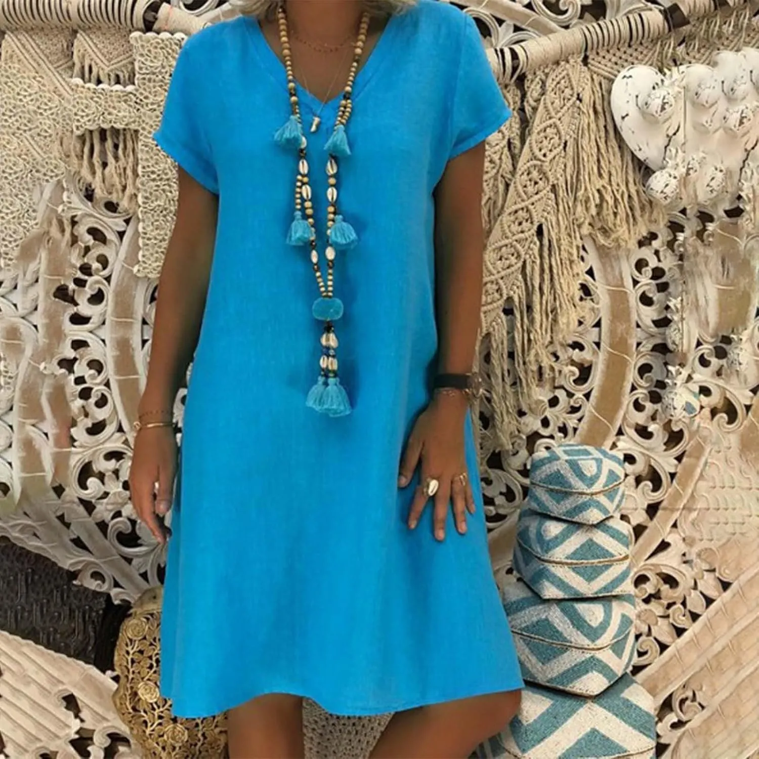 Womens Slim Dresses 2025 Ladies Summer Solid Cotton Linen Short Sleeve V-Neck Plus Size Mid-Calf Dress