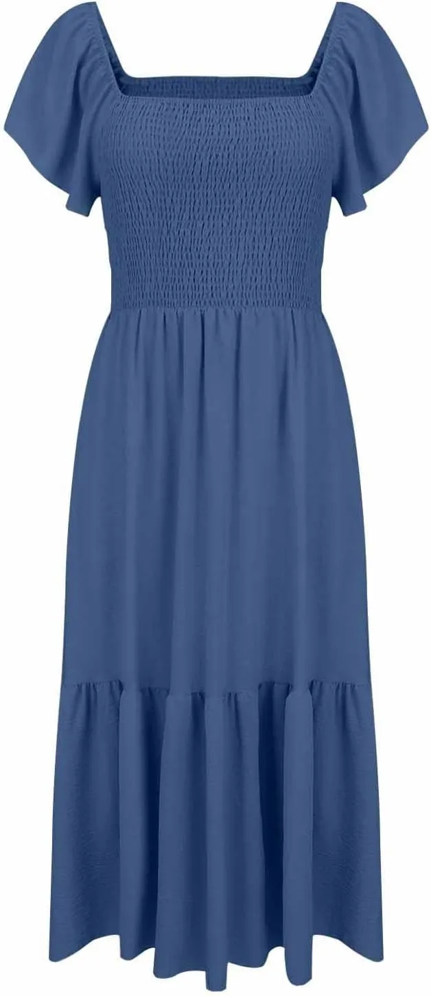 Women's Smocked Midi Dress Short Puff Sleeve Square Neck Tiered Beach Flowy Maxi Dress for Wedding Guest with Pockets