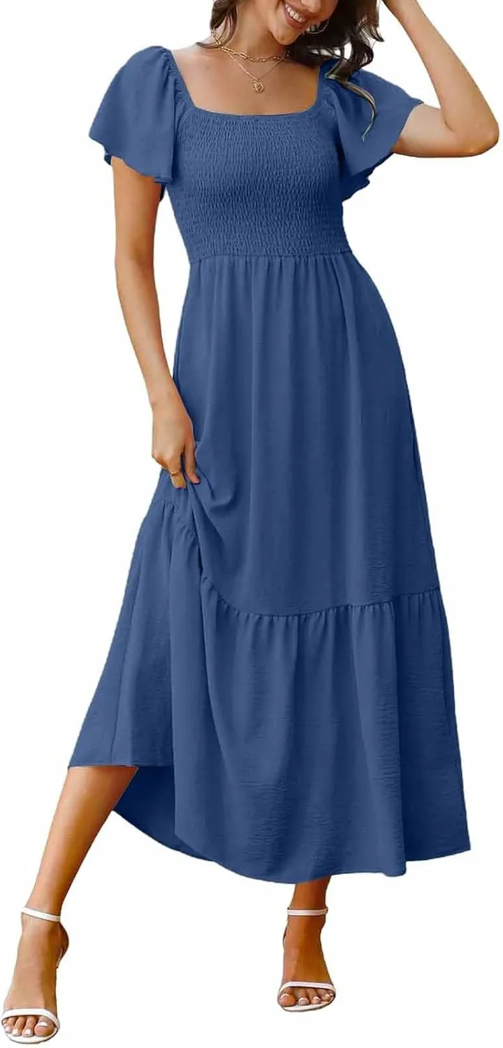 Women's Smocked Midi Dress Short Puff Sleeve Square Neck Tiered Beach Flowy Maxi Dress for Wedding Guest with Pockets