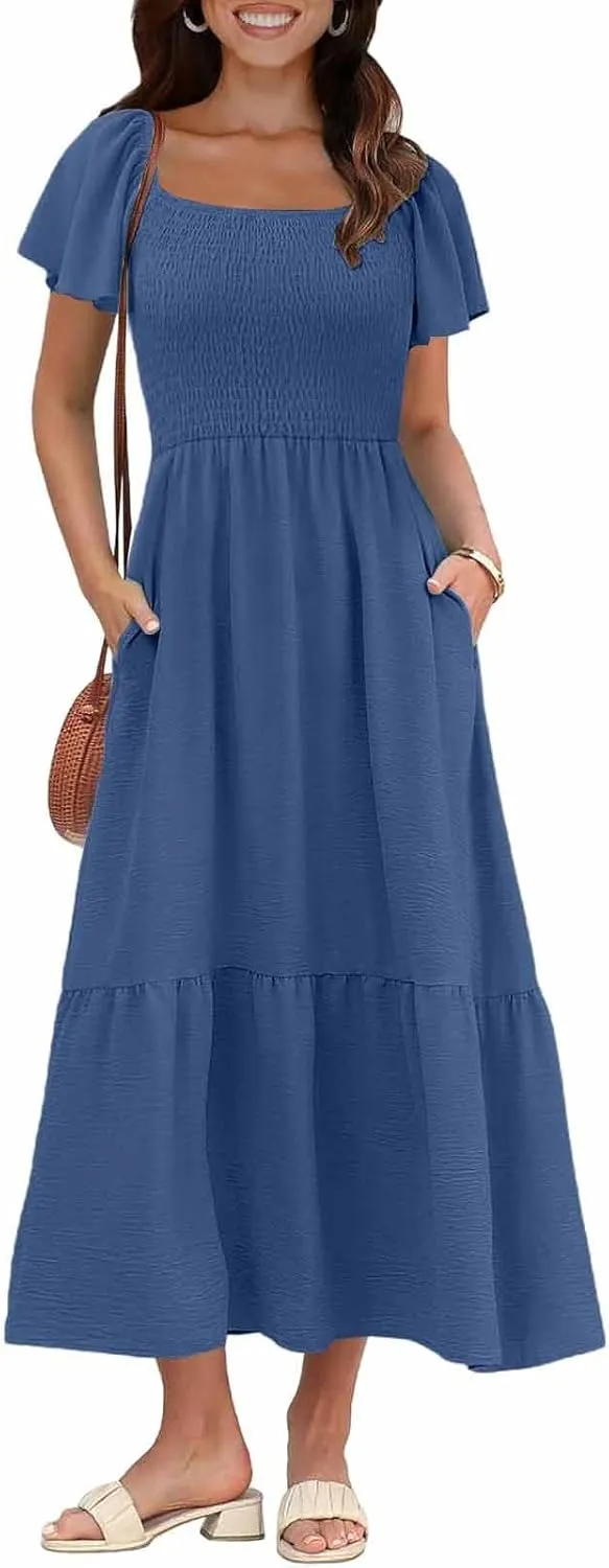 Women's Smocked Midi Dress Short Puff Sleeve Square Neck Tiered Beach Flowy Maxi Dress for Wedding Guest with Pockets