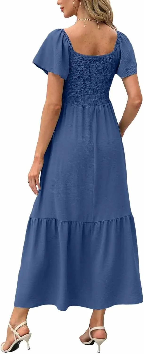 Women's Smocked Midi Dress Short Puff Sleeve Square Neck Tiered Beach Flowy Maxi Dress for Wedding Guest with Pockets