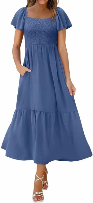 Women's Smocked Midi Dress Short Puff Sleeve Square Neck Tiered Beach Flowy Maxi Dress for Wedding Guest with Pockets