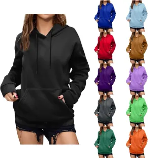 Women'S Solid Color Sweatshirt Long Sleeve Fleece Pullover Hooded Fashion Sweater With Pockets