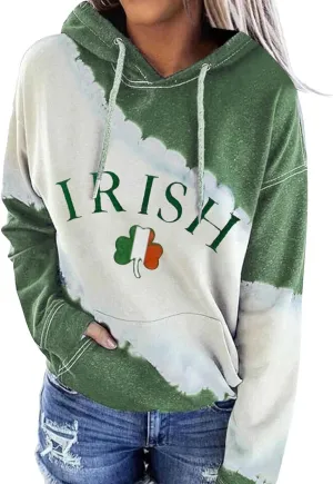 Womens St. Patrick's Day Clover Print Hoodie Casual Long Sleeve Sweatshirt Irish Shamrock Pullover Oversized Shirts Tops