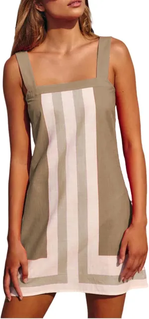 Women's Striped Mini Dress Fashion Boho Shoulder Strap Sundress Sleeveless Backless Beach Cover Up Dress for Beach