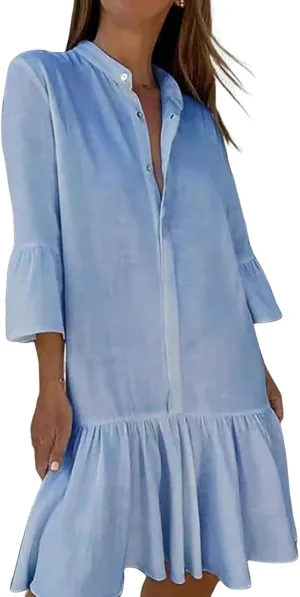 Womens Summer Button Down Shirt Dress Casual Loose Modest Long Ruffle Dresses Sexy V Neck Sundress Beach Dress