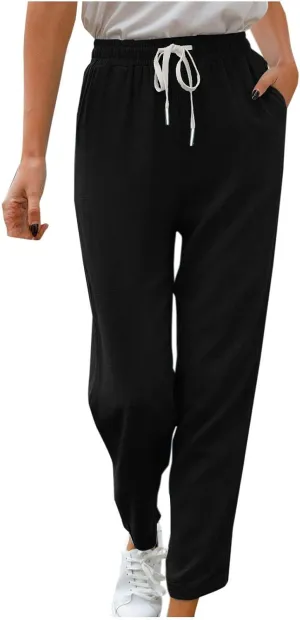 Women's Summer Casual Linen Pants Drawstring Elastic Waist Loose Fit Straight Leg Pants Comfy Beach Trousers with Pockets
