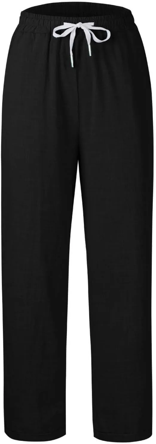 Women's Summer Casual Linen Pants Drawstring Elastic Waist Loose Fit Straight Leg Pants Comfy Beach Trousers with Pockets