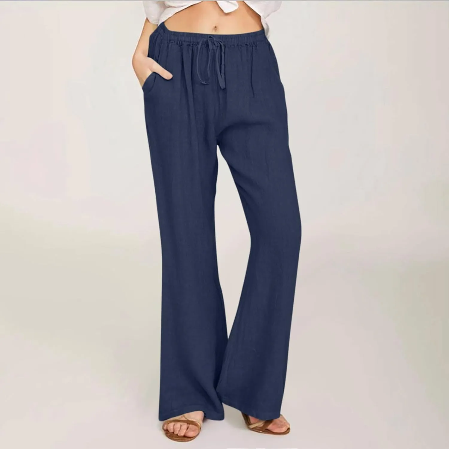 Women's Summer Cotton Linen Pants High Waist Wide Leg Loose Palazzo Pants Casual Beach Trousers Loose Fit with Pockets