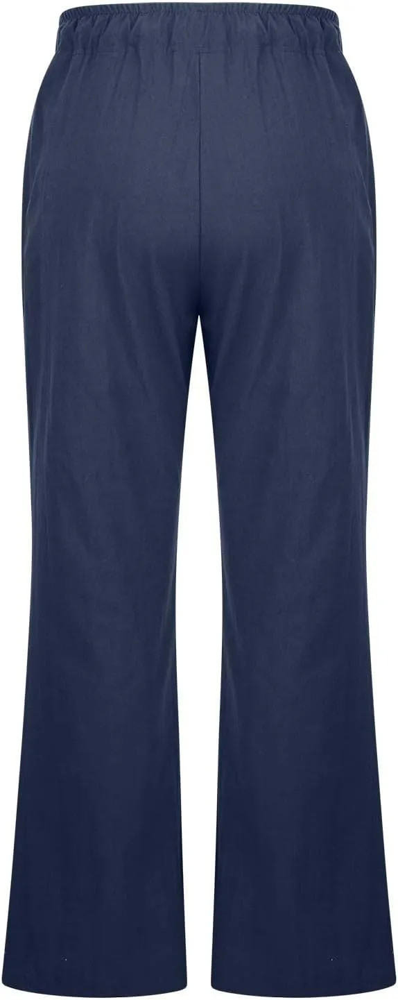 Women's Summer Cotton Linen Pants High Waist Wide Leg Loose Palazzo Pants Casual Beach Trousers Loose Fit with Pockets