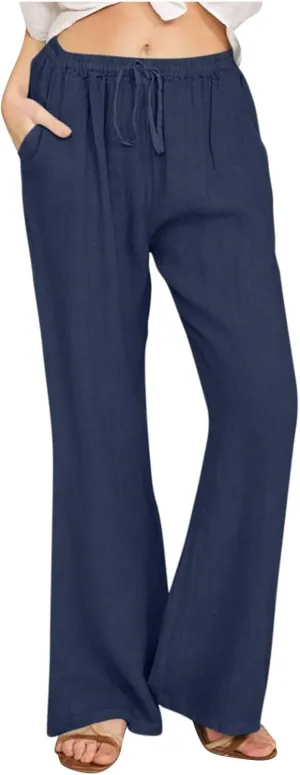 Women's Summer Cotton Linen Pants High Waist Wide Leg Loose Palazzo Pants Casual Beach Trousers Loose Fit with Pockets