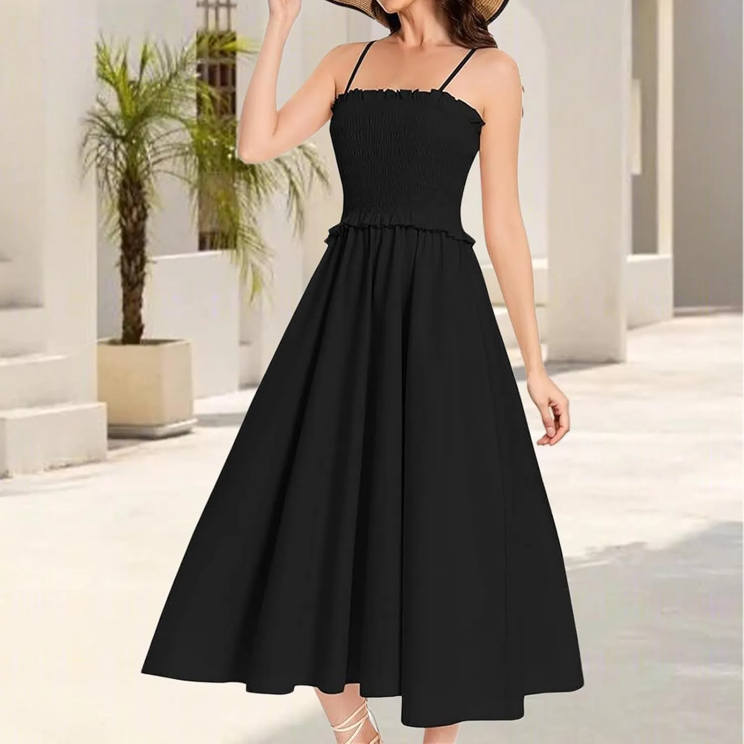 Women's Summer Dress 2025 Casual Fashion Spaghetti Strap Swing Smocked Maxi Sleeveless Beach Sundress