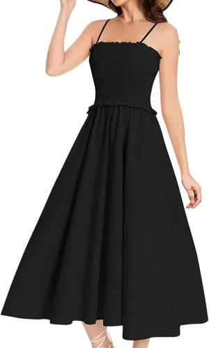 Women's Summer Dress 2025 Casual Fashion Spaghetti Strap Swing Smocked Maxi Sleeveless Beach Sundress
