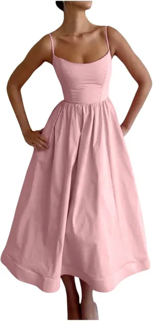 Womens Summer Dresses 2025 Sleeveless Flowy Pleated A Line Beach Vacation Sundress Fashion Spaghetti Strap Dresses