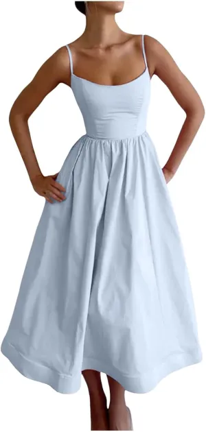 Womens Summer Dresses 2025 Sleeveless Flowy Pleated A Line Beach Vacation Sundress Fashion Spaghetti Strap Dresses