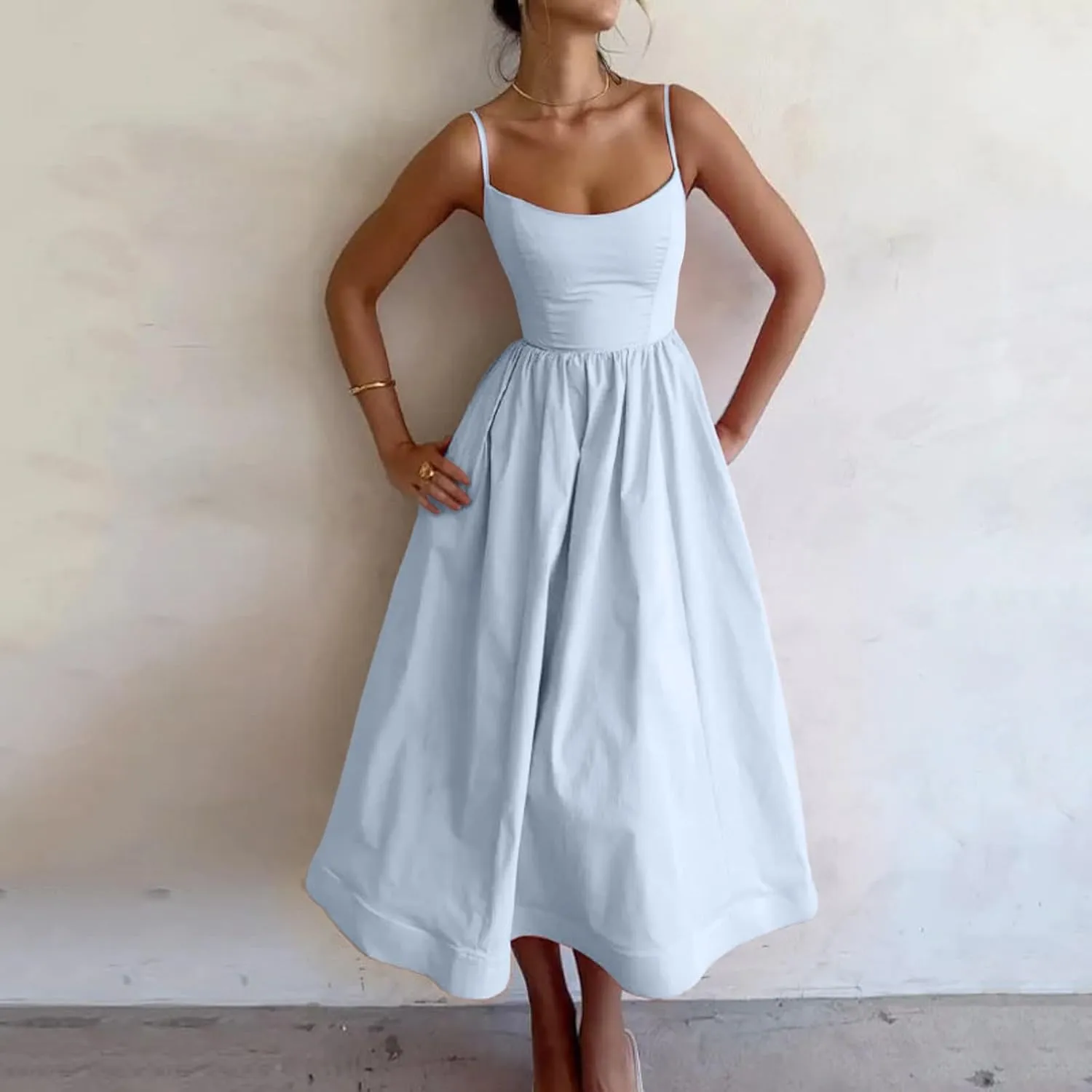 Womens Summer Dresses 2025 Sleeveless Flowy Pleated A Line Beach Vacation Sundress Fashion Spaghetti Strap Dresses