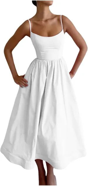 Womens Summer Dresses 2025 Sleeveless Flowy Pleated A Line Beach Vacation Sundress Fashion Spaghetti Strap Dresses