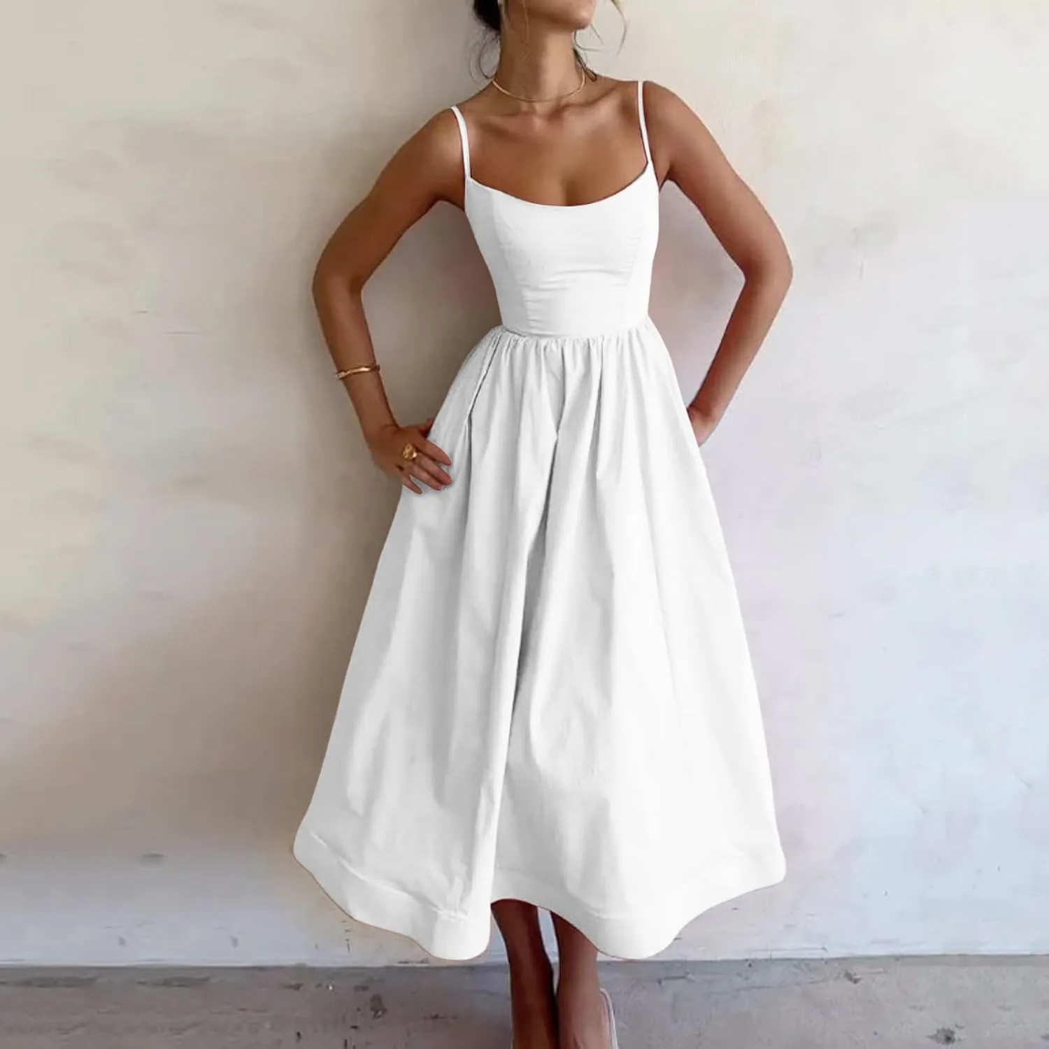 Womens Summer Dresses 2025 Sleeveless Flowy Pleated A Line Beach Vacation Sundress Fashion Spaghetti Strap Dresses